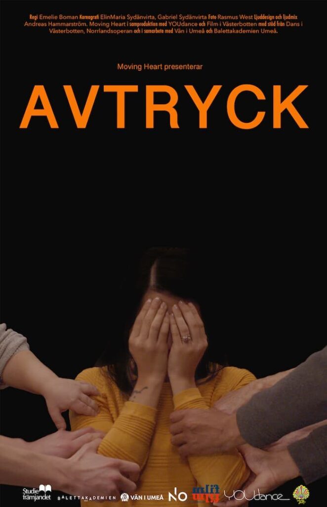 A person covering their face with hands. Two other hands reach towards them from the sides. The words "AVTRYCK" and "Moving Heart presenterar" are written above. Various logos are at the bottom.